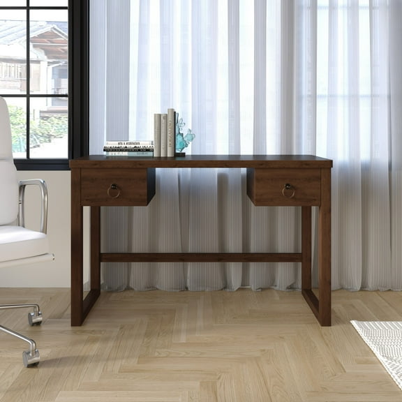 Home Design Dario Writing Desk with Spacious Tabletop and 2 Built-In Drawers, Modern Clean-Lined Design for Home Office, Study Area, or Creative Space, Brown