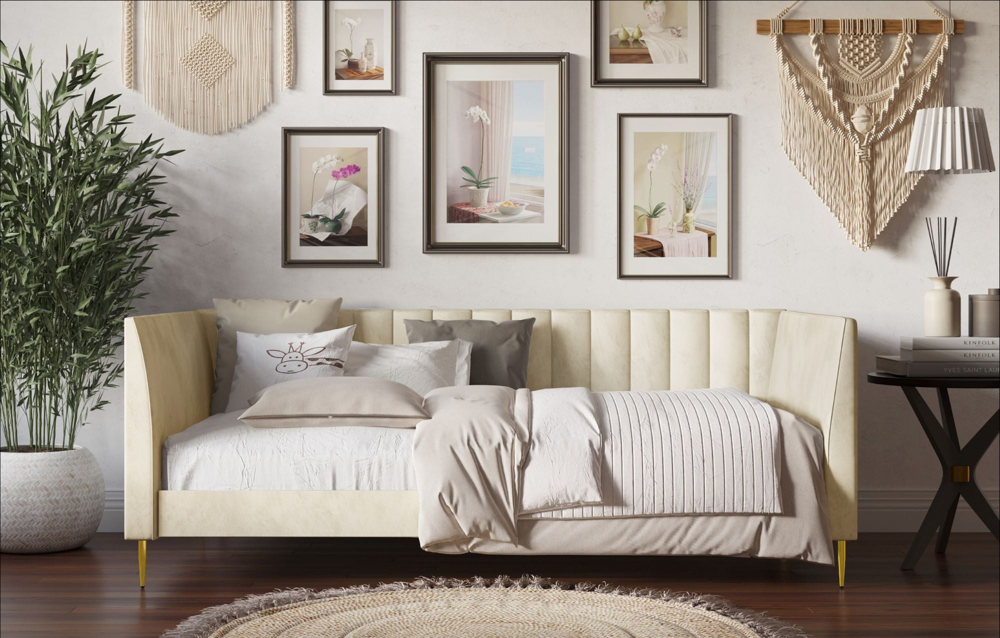Home Design Dayton Twin Daybed, Beige Velvet Upholstered Frame, Tuxedo Arms, Vertical Tufting, Plush Cushions, Gold Metal Legs for Stylish Seating & Sleeping
