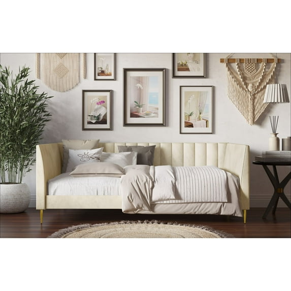 Home Design Dayton Twin Daybed, Beige Velvet Upholstered Frame, Tuxedo Arms, Vertical Tufting, Plush Cushions, Gold Metal Legs for Stylish Seating & Sleeping