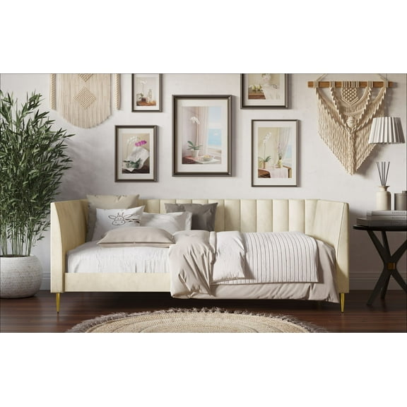 Home Design Dayton Twin Daybed, Beige Velvet Upholstered Frame, Tuxedo Arms, Vertical Tufting, Plush Cushions, Gold Metal Legs for Stylish Seating & Sleeping
