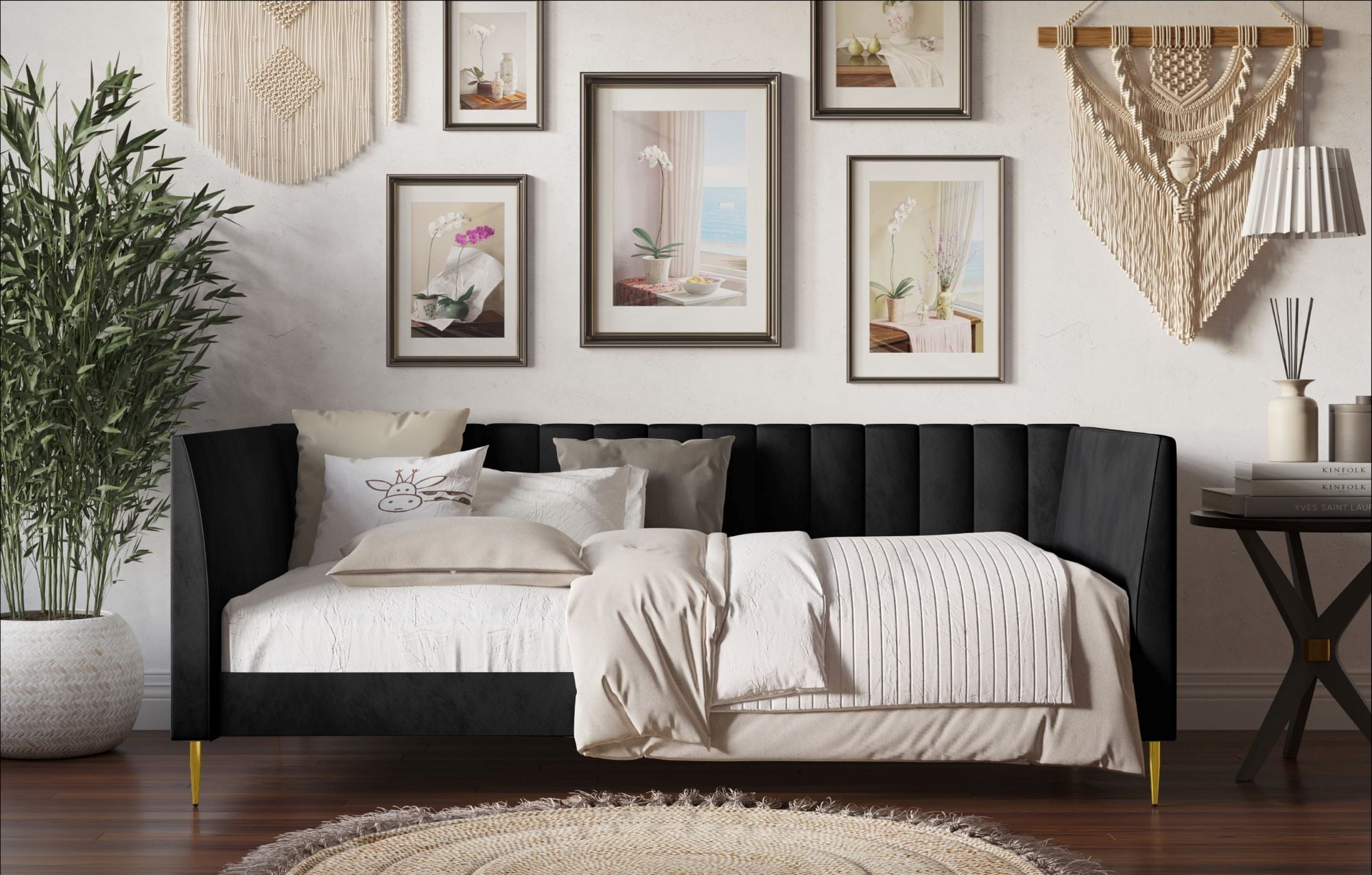 Home Design Dayton Twin Daybed, Black Velvet Upholstered Frame, Tuxedo Arms, Vertical Tufting, Plush Cushions, Gold Metal Legs for Stylish Seating & Sleeping