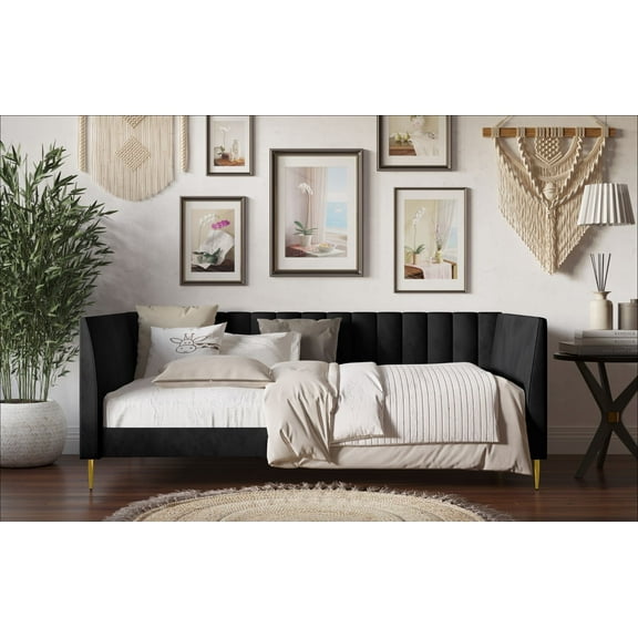 Home Design Dayton Twin Daybed, Black Velvet Upholstered Frame, Tuxedo Arms, Vertical Tufting, Plush Cushions, Gold Metal Legs for Stylish Seating & Sleeping