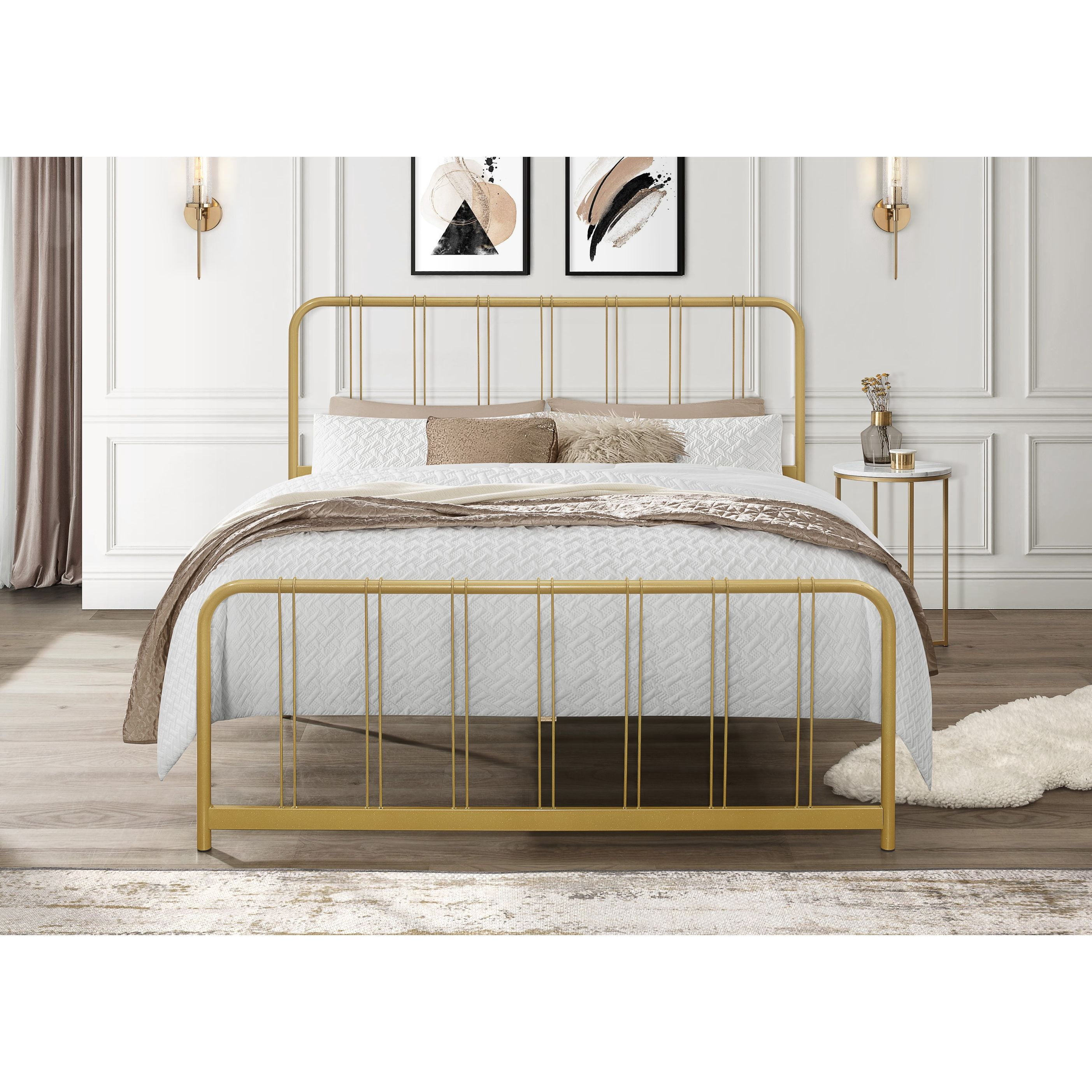 Home Design Debra Queen Metal Platform Bed Frame with Sturdy Frame and Openwork Design, Gold, Easy Assembly