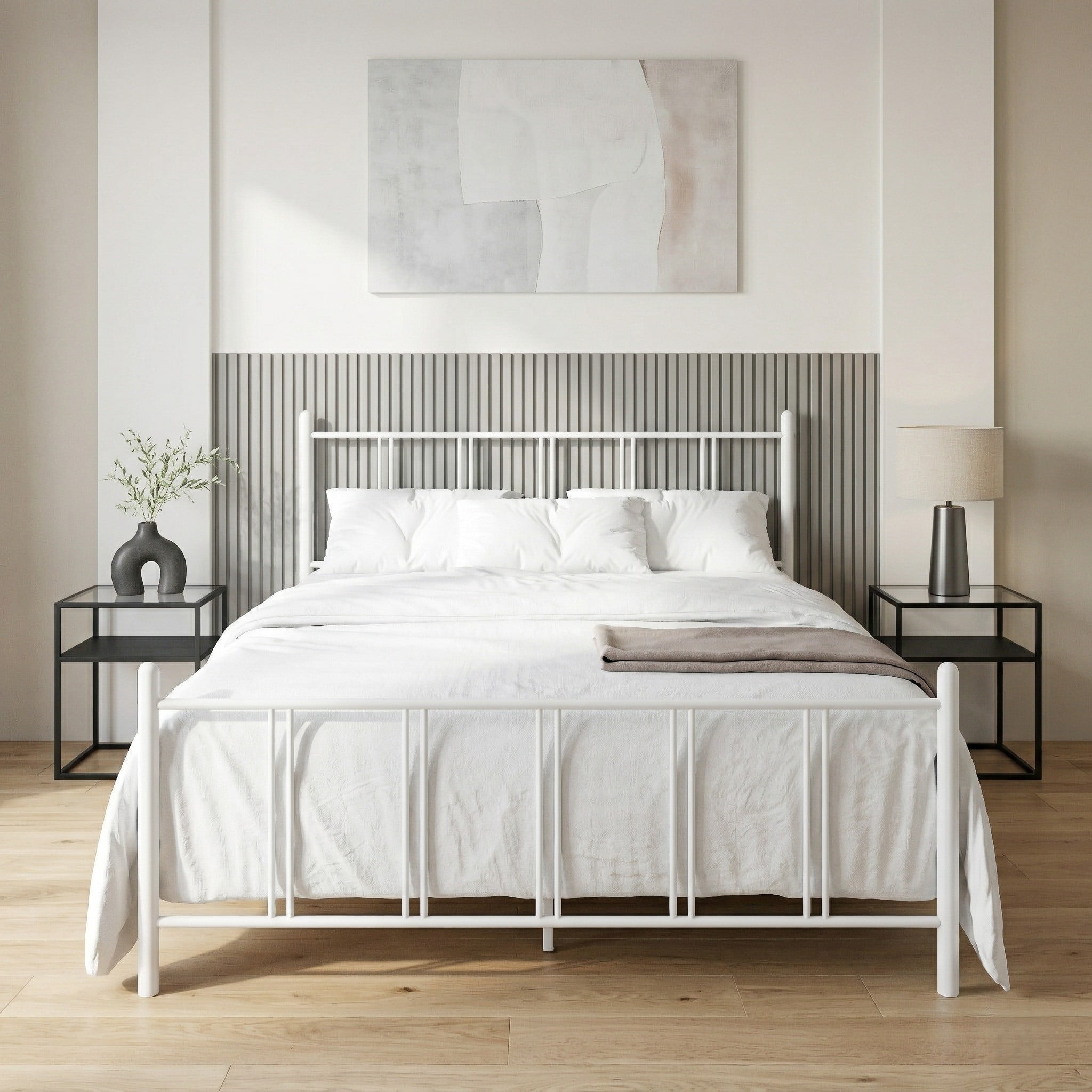 Home Design Decatur Twin Metal Platform Bed Frame, Classic Vertical Slat Headboard & Footboard, Easy Assembly, White
