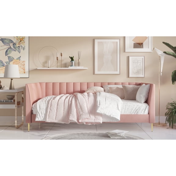 Home Design Delano Twin Upholstered Daybed, Vertical-Channel Tufted Daybed for Adult, Pink, Easy Assembly
