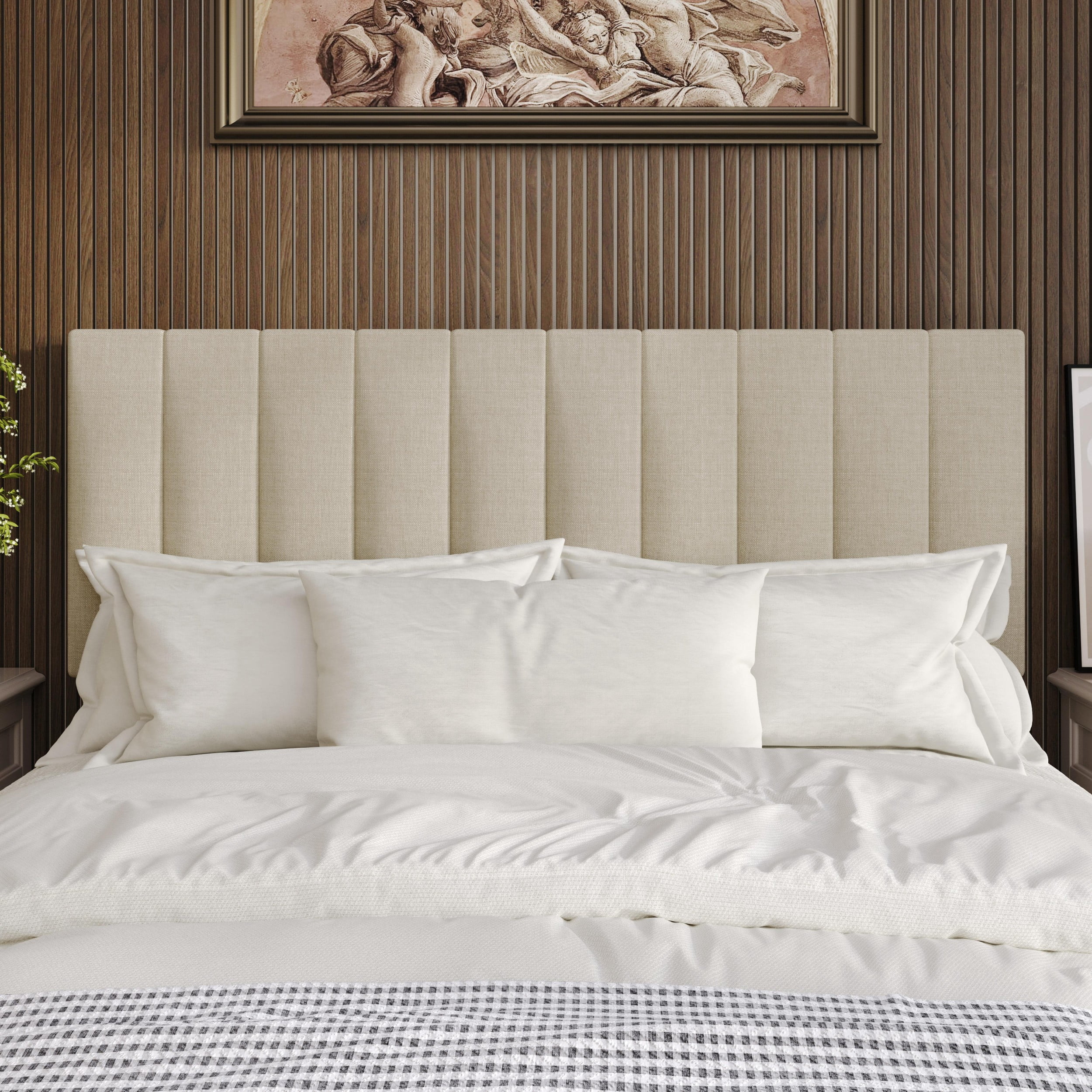 Home Design Dennis King Upholstered Headboard with Vertical Channel Design, Adjustable Height, Beige