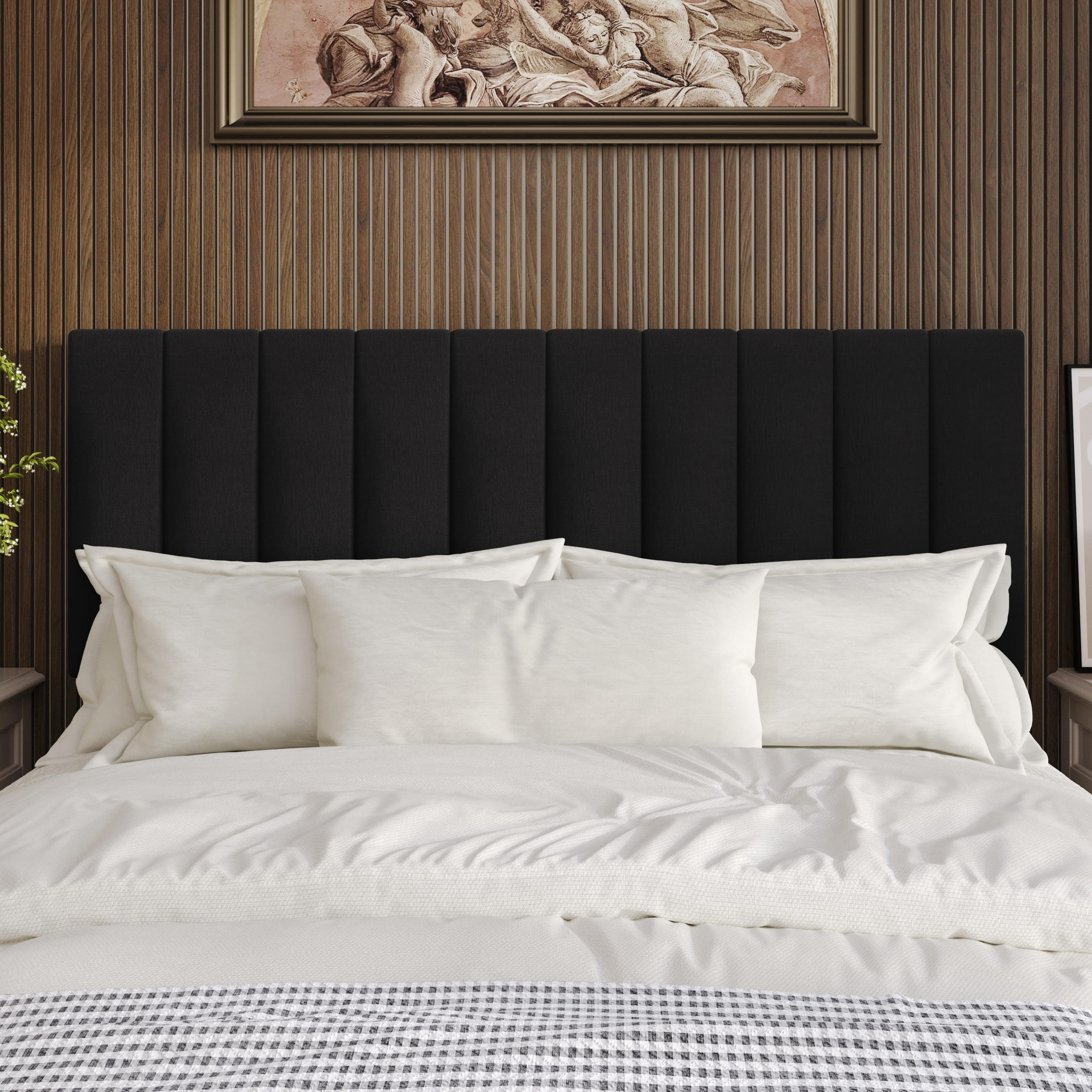 Home Design Dennis King Upholstered Headboard with Vertical Channel Design, Adjustable Height, Black