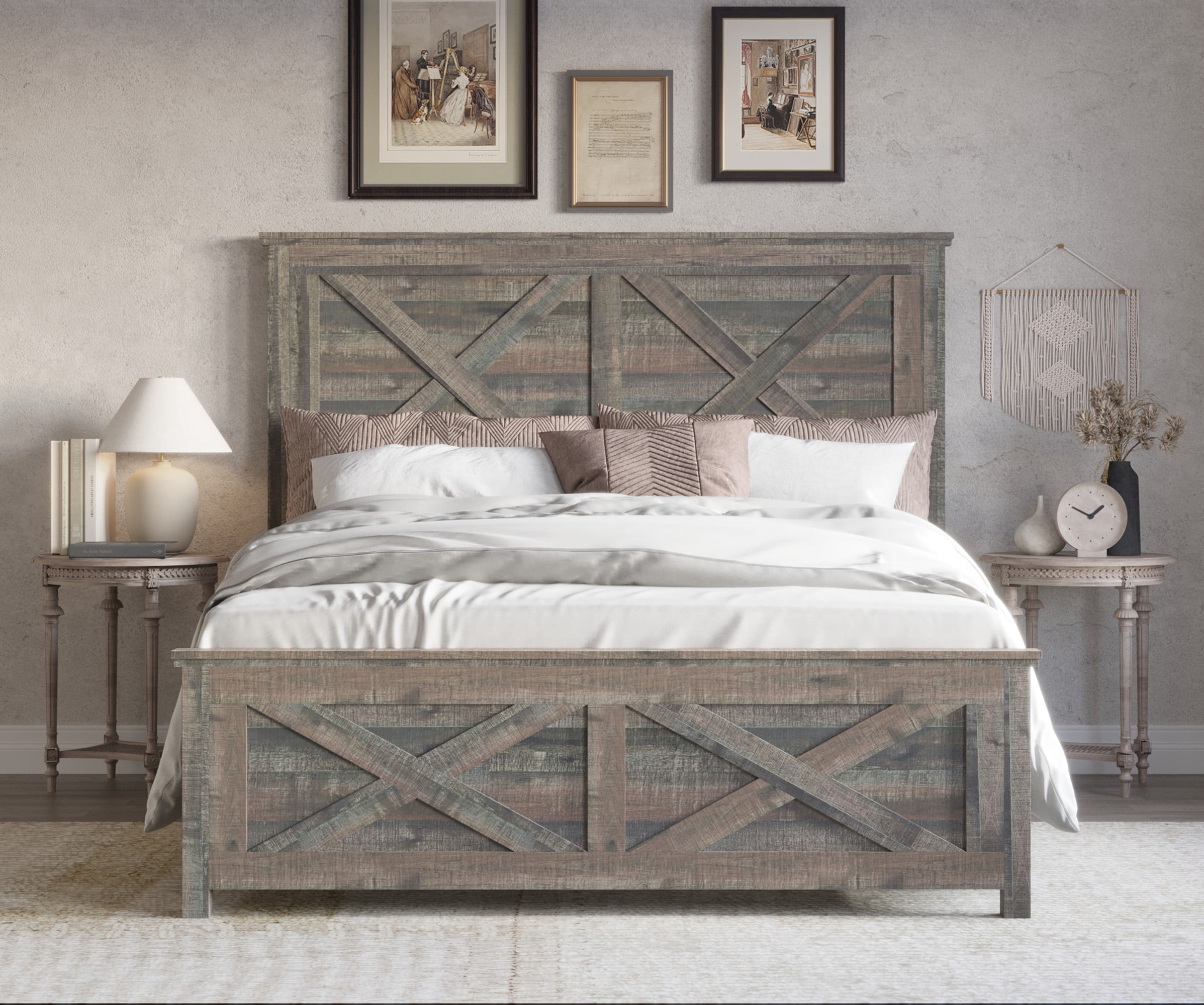 Home Design Derby Full Panel Bed Frame with Crossbar Design and Rectangular Headboard, Brown, Easy Assembly