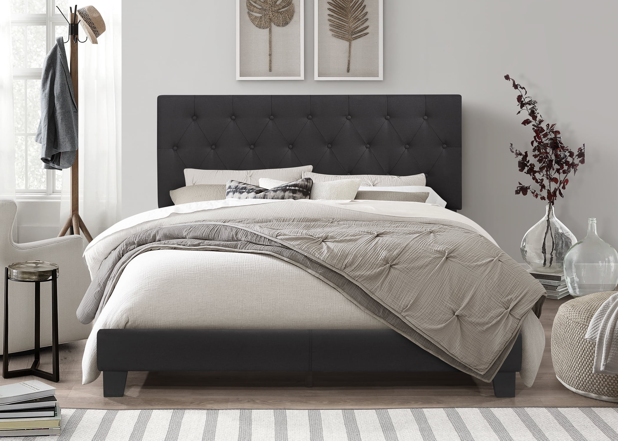 Home Design Dillon Full Tufted Upholstered Panel Bed Frame with Button Tufting and Foam-Filled Headboard, Black, Easy Assembly