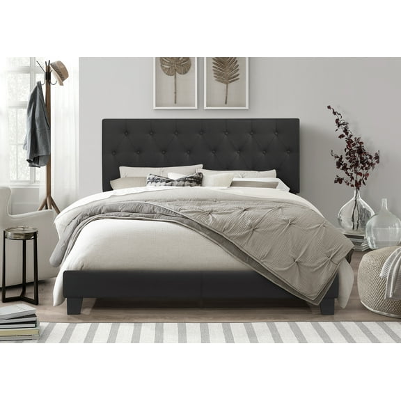 Home Design Dillon Full Tufted Upholstered Panel Bed Frame with Button Tufting and Foam-Filled Headboard, Black, Easy Assembly