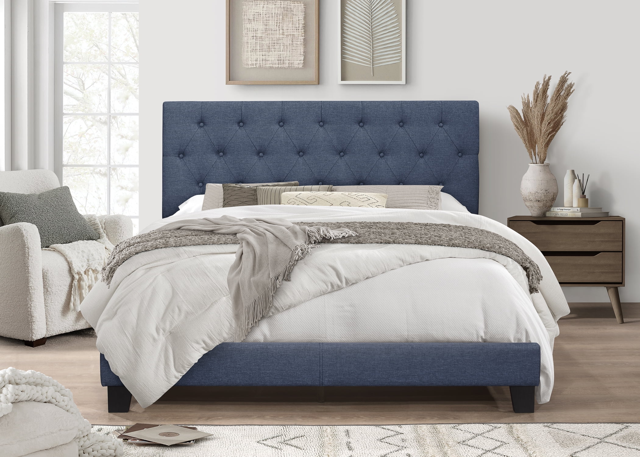 HMD Dillon Tufted Upholstered Panel Bed Denim Blue For Adult King Walmart