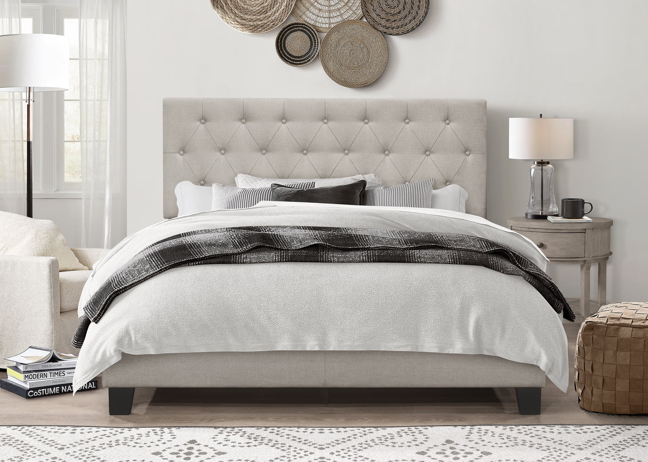 Home Design Dillon King Tufted Upholstered Panel Bed Frame with Button Tufting and Foam-Filled Headboard, Warm Gray, Easy Assembly