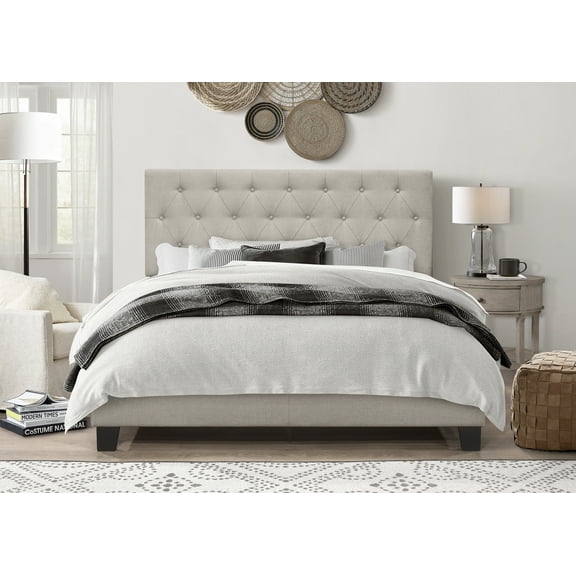 Home Design Dillon Queen Tufted Upholstered Panel Bed Frame with Button Tufting and Foam-Filled Headboard, Warm Gray, Easy Assembly