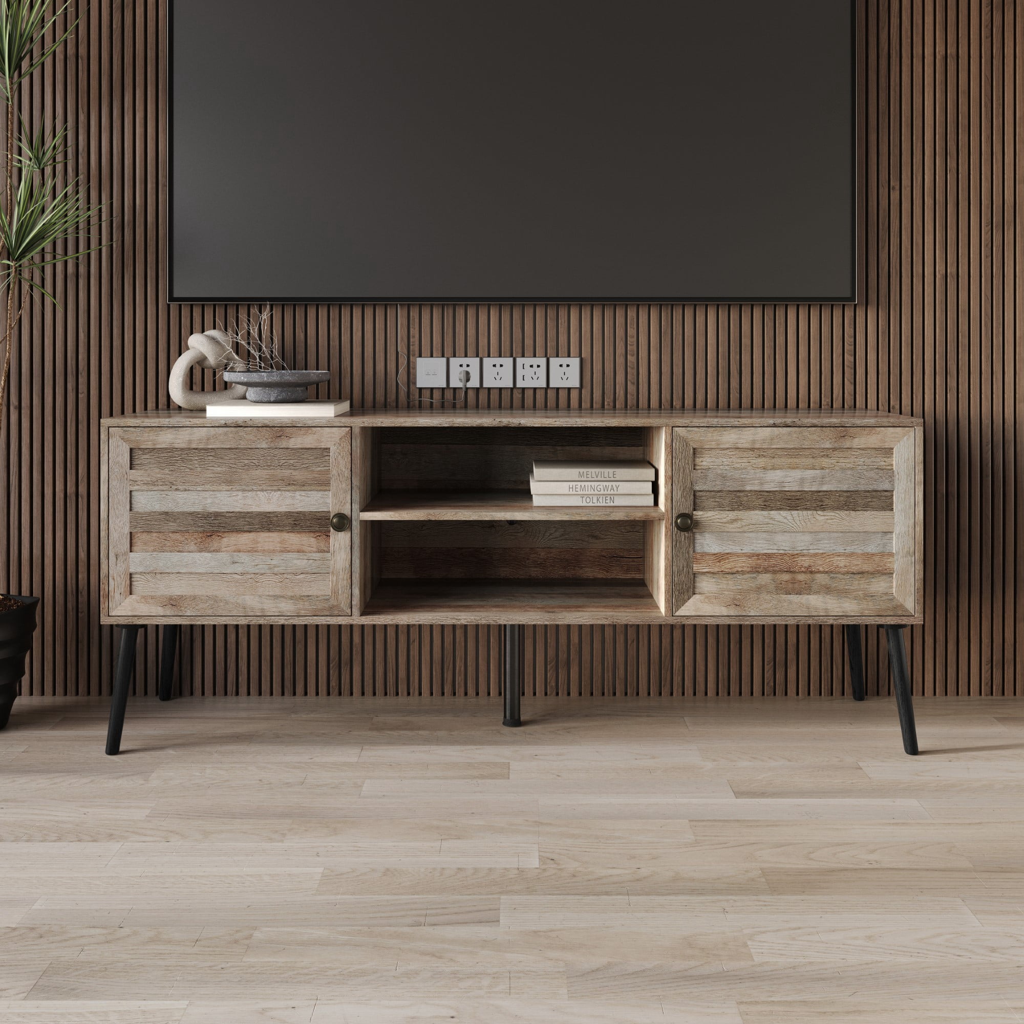 Home Design Dixon 63" TV Stand with Spacious Storage Compartments and Open Shelves, Modern Vintage Design for Living Room, Natural Oak