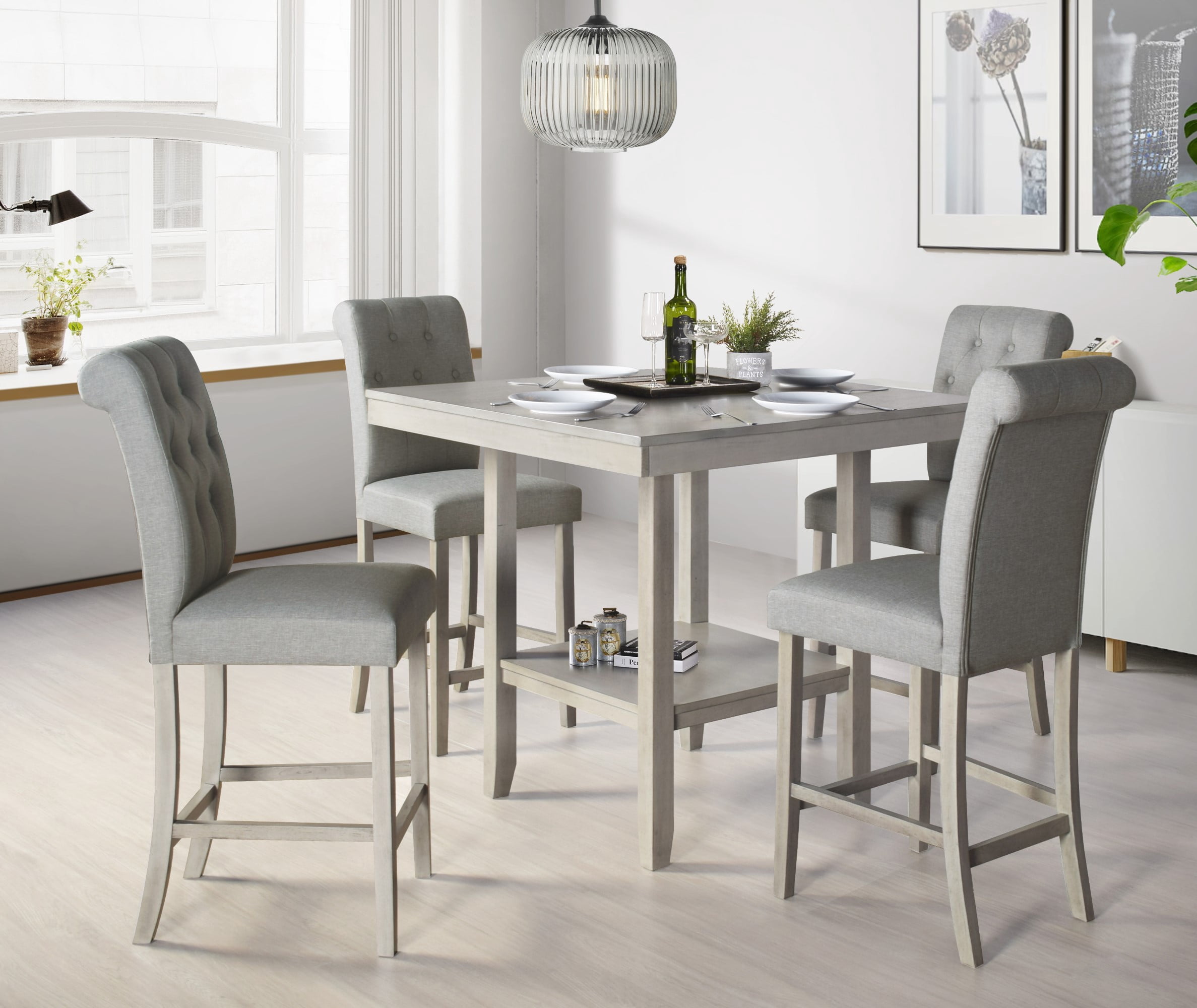 Home Design Dothan 5-Piece Counter-Height Dining Set, Antique Gray/Gray, Modern Minimalist Style