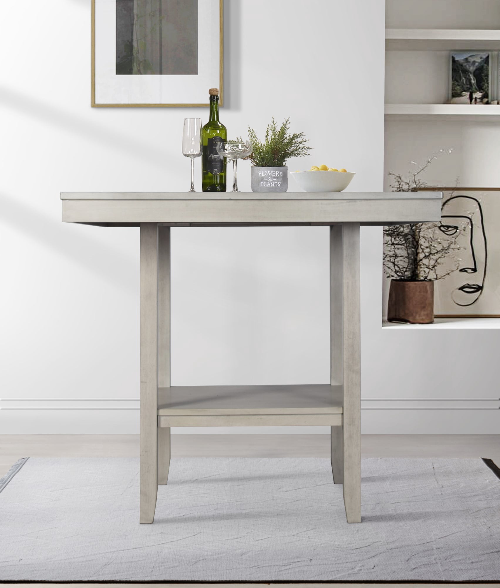 Home Design Dothan Square Counter Height Dining Table with Tapered Legs, Lower Shelf, Modern Style, Sturdy Construction, Easy Assembly, Antique Gray