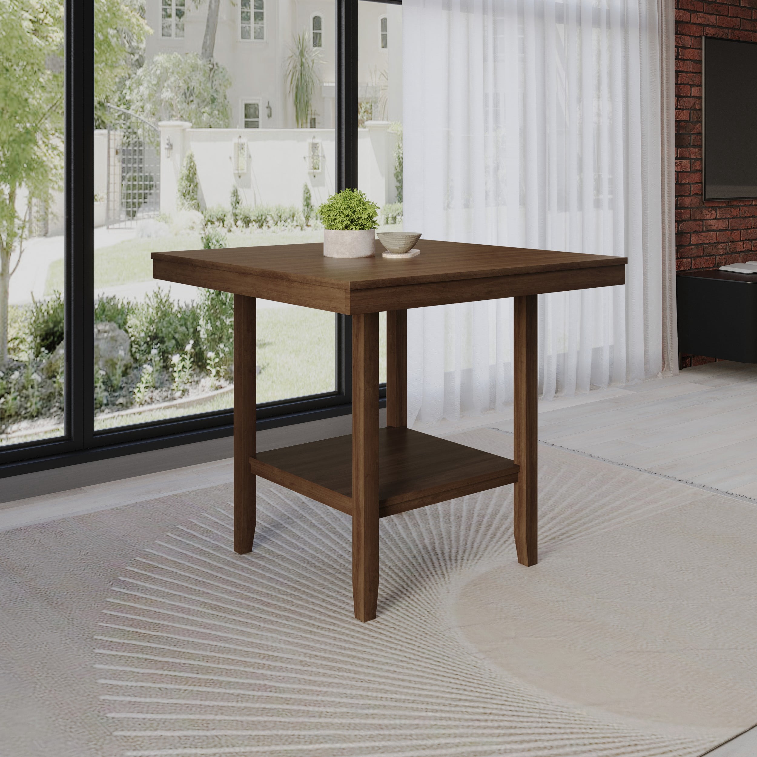 Home Design Dothan Counter Height Dining Table with Storage Shelf, Compact Square Design for Small Spaces, Brown Finish, Easy Assembly