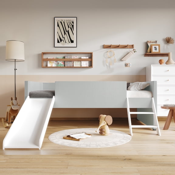 Home Design Dover Twin Loft Bed Frame with Ladder and Slide, Silver, Easy Assembly