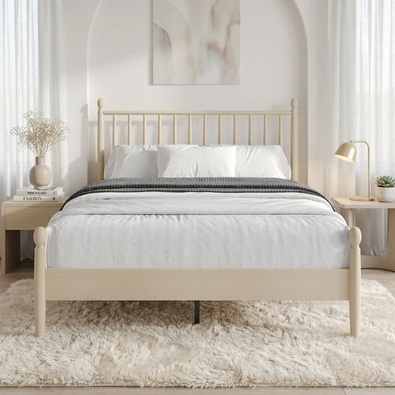 Home Design Downey Solid Wood Twin Platform Bed With Spindle Headboard, No Box Spring Required, Antique White