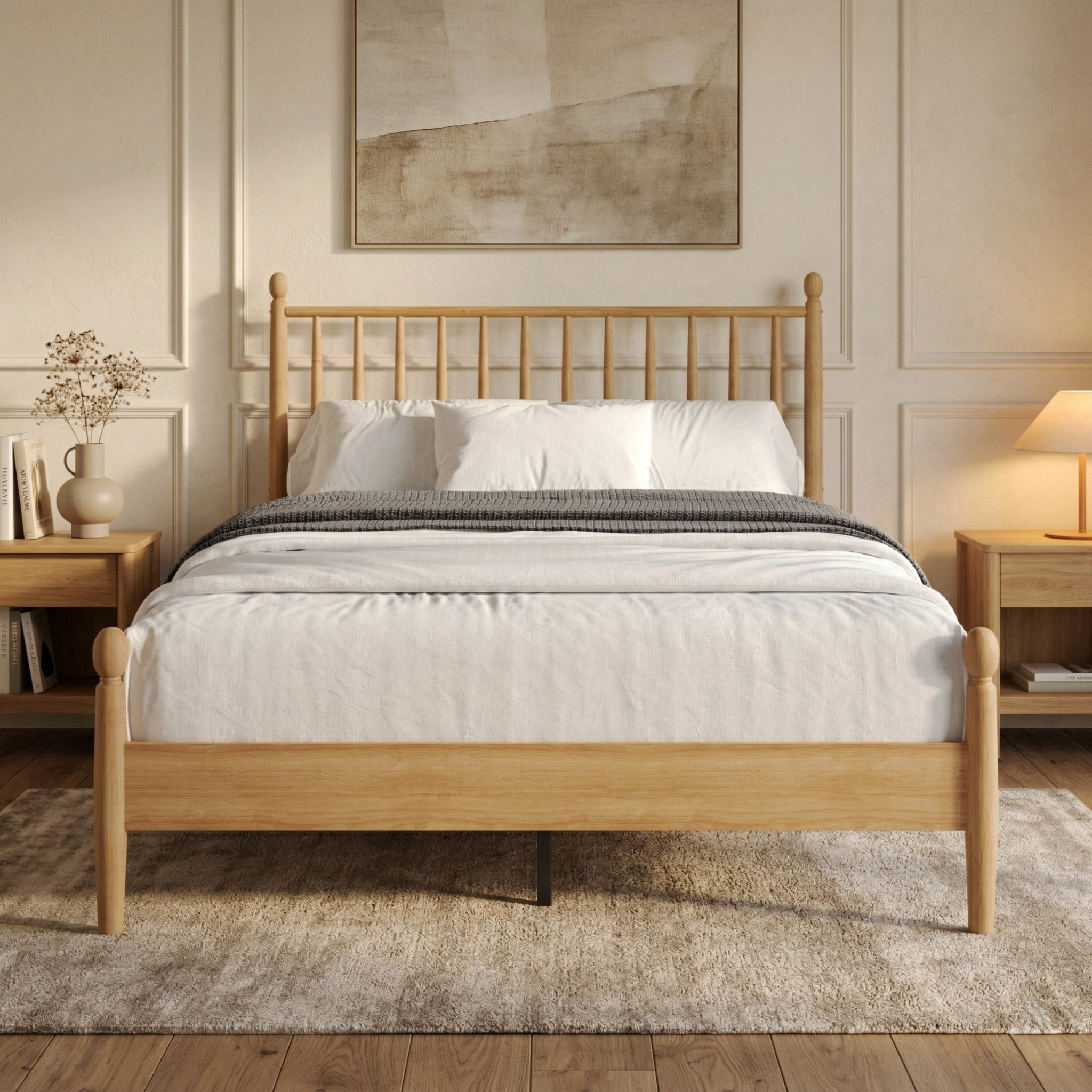 Home Design Downey Solid Wood Twin Platform Bed With Spindle Headboard, No Box Spring Required, Light Oak