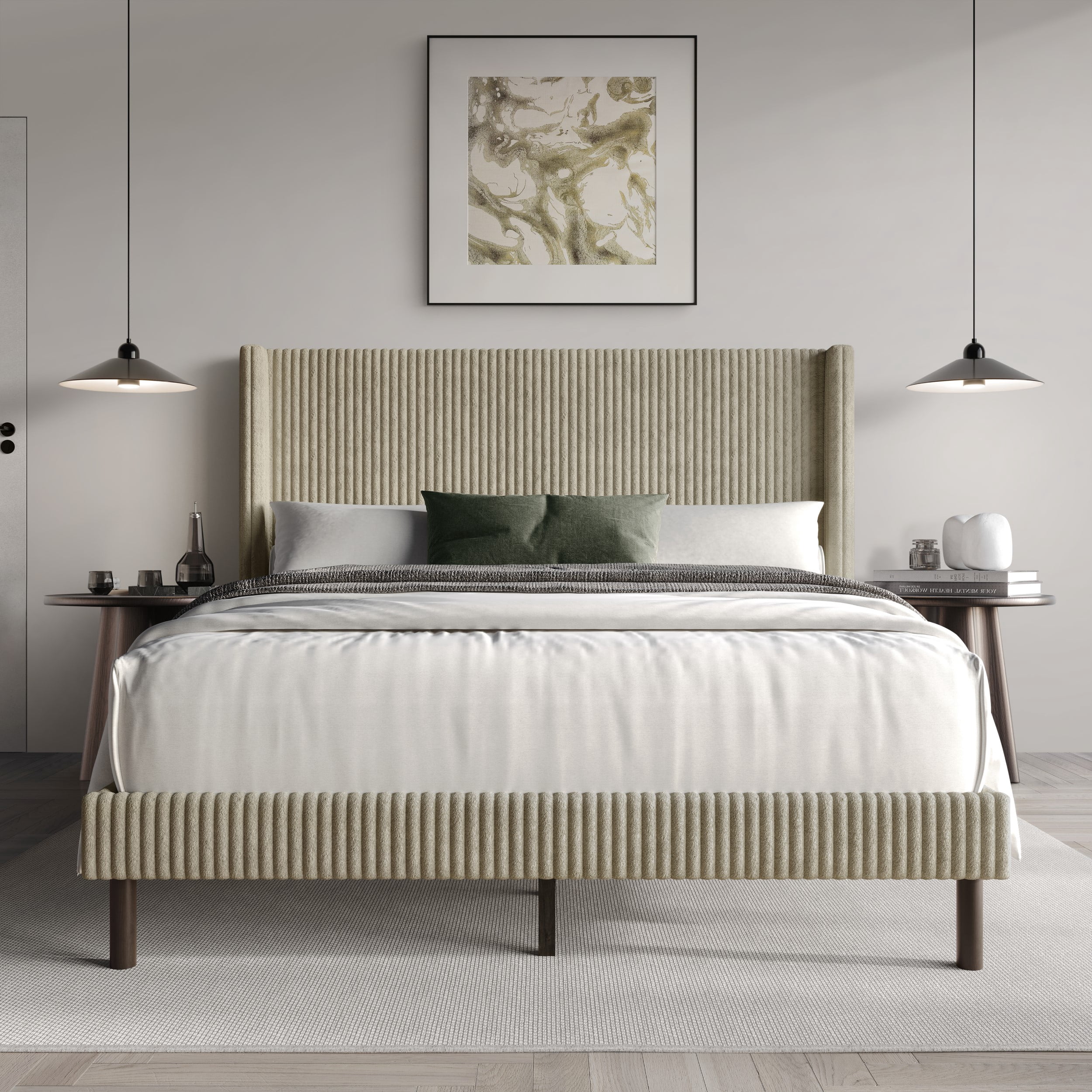Home Design Duluth Full Corduroy Velvet Upholstered Platform Bed Frame with Wingback Headboard & Button-Tufted Detail, Beige, Easy Assembly