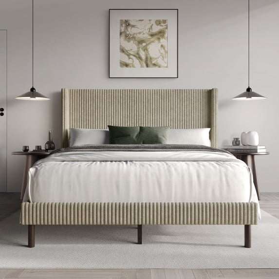 Home Design Duluth Full Corduroy Velvet Upholstered Platform Bed Frame with Wingback Headboard & Button-Tufted Detail, Beige, Easy Assembly
