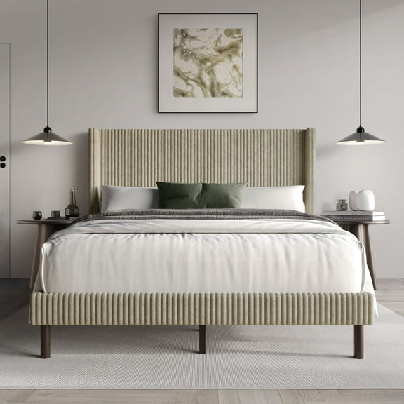 Home Design Duluth Twin Corduroy Velvet Upholstered Platform Bed Frame with Wingback Headboard & Button-Tufted Detail, Beige, Easy Assembly