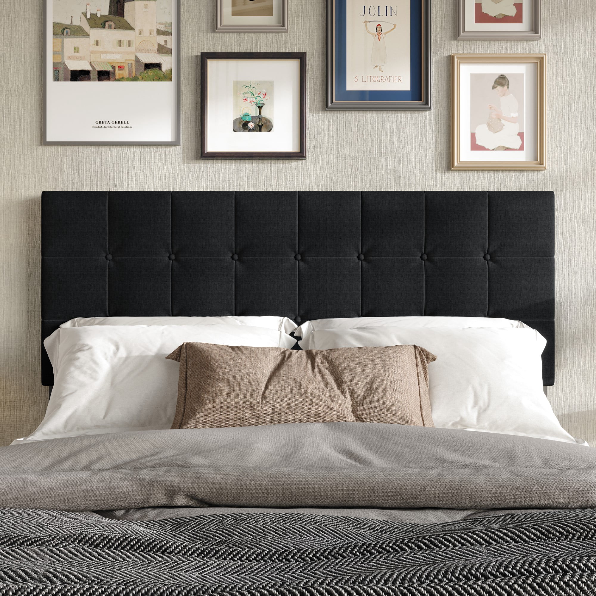 Home Design Ecorse Twin Tufted Upholstered Headboard with Button Tufting and Foam Padding, Black, Easy Assembly