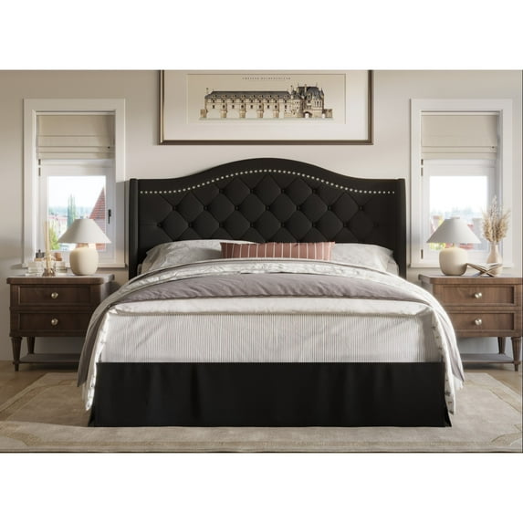 Home Design Eleanor Queen Upholstered Platform Bed Frame with Nailhead Trim, Button Tufted Camelback Wingback Headboard, Black – Easy Assembly