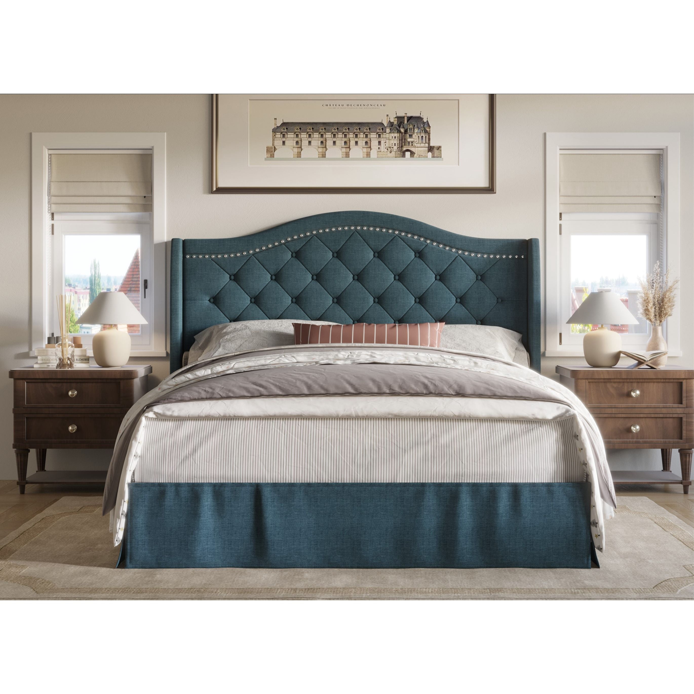 Home Design Eleanor King Upholstered Platform Bed Frame with Nailhead Trim, Button Tufted Camelback Wingback Headboard, Denim Blue – Easy Assembly