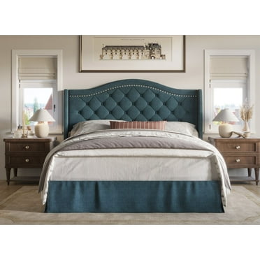 Home Design Eleanor King Upholstered Platform Bed Frame with Nailhead Trim, Button Tufted Camelback Wingback Headboard, Denim Blue – Easy Assembly