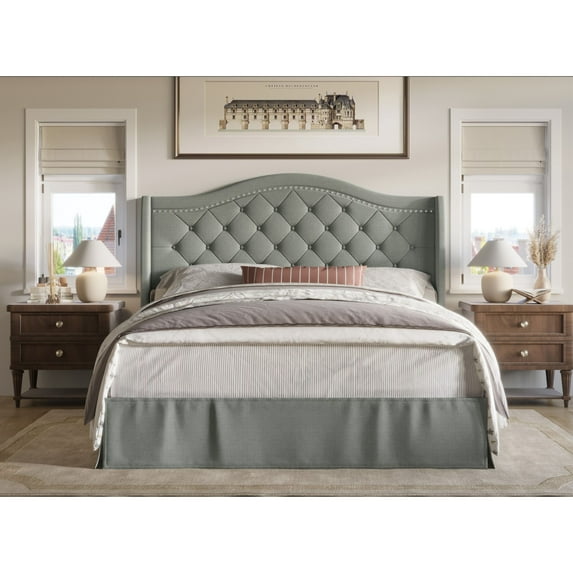 Home Design Eleanor Queen Upholstered Platform Bed Frame with Nailhead Trim, Button Tufted Camelback Wingback Headboard, Gray – Easy Assembly