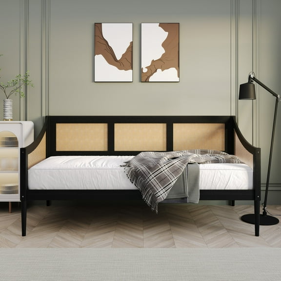 Home Design Elko Twin Daybed with Natural Wood Grain Frame, Rattan Accents, Durable Solid Wood, Stylish Seating and Sleeping Solution, Black