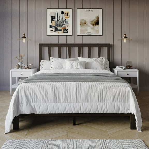 Home Design Elmira Full Wood Platform Bed with Adjustable Height Headboard & Durable Wood Construction, Cappuccino, Easy Assembly