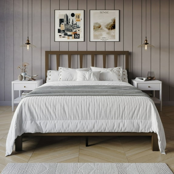 Home Design Elmira King Wood Platform Bed with Adjustable Height Headboard & Durable Wood Construction, Brown, Easy Assembly