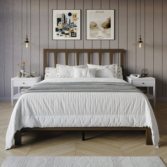 Home Design Elmira Queen Wood Platform Bed with Adjustable Height Headboard & Durable Wood Construction, Brown, Easy Assembly