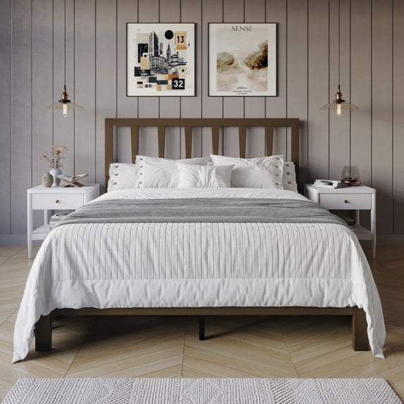 Home Design Elmira Queen Wood Platform Bed with Adjustable Height Headboard & Durable Wood Construction, Brown, Easy Assembly