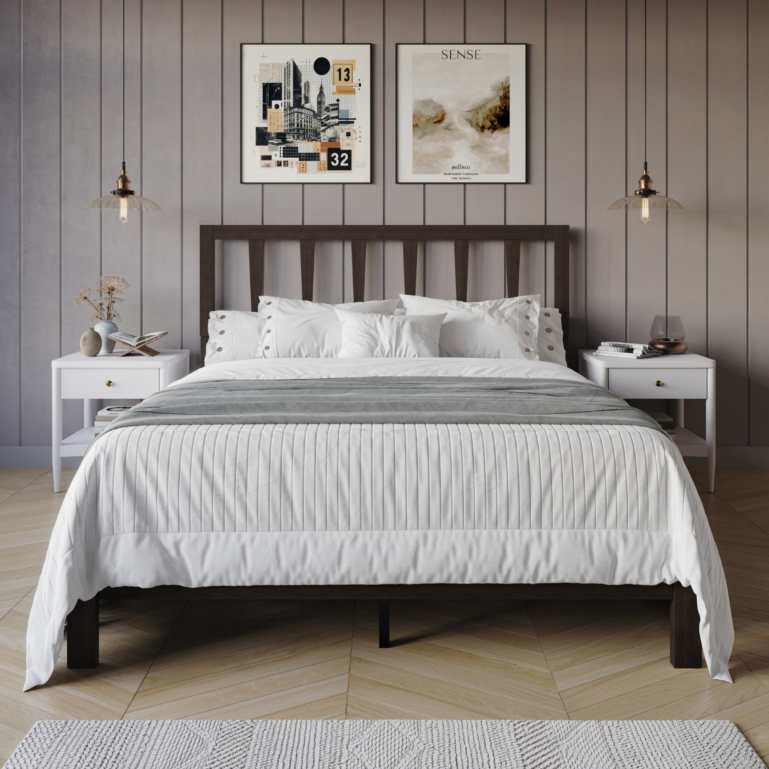 Home Design Elmira Queen Wood Platform Bed with Adjustable Height Headboard & Durable Wood Construction, Cappuccino, Easy Assembly