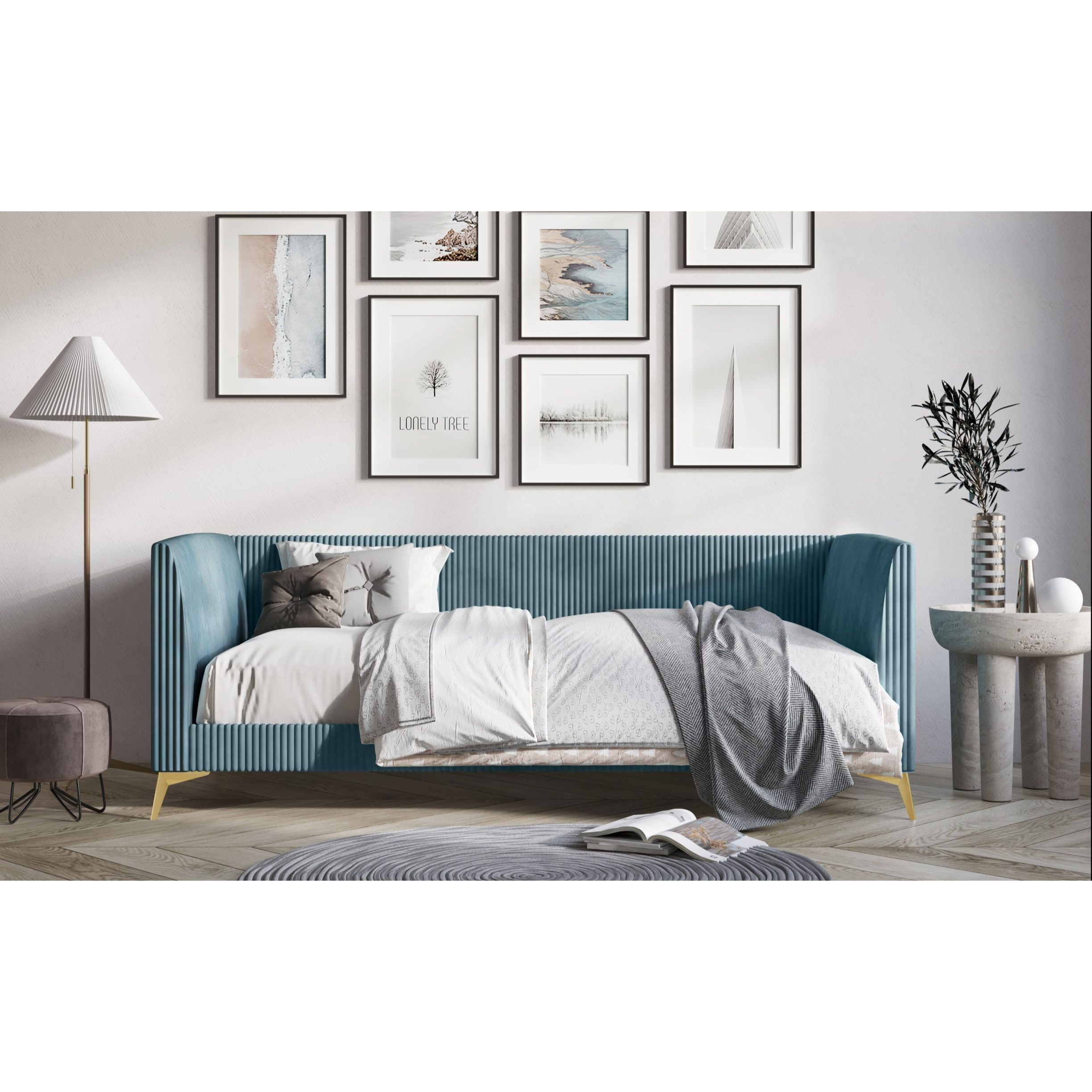 Home Design Elsie Twin Daybed with Corduroy Velvet Upholstery, Vertically Stitched Tufting, Stylish and Versatile Seating or Sleeping Solution, Blue
