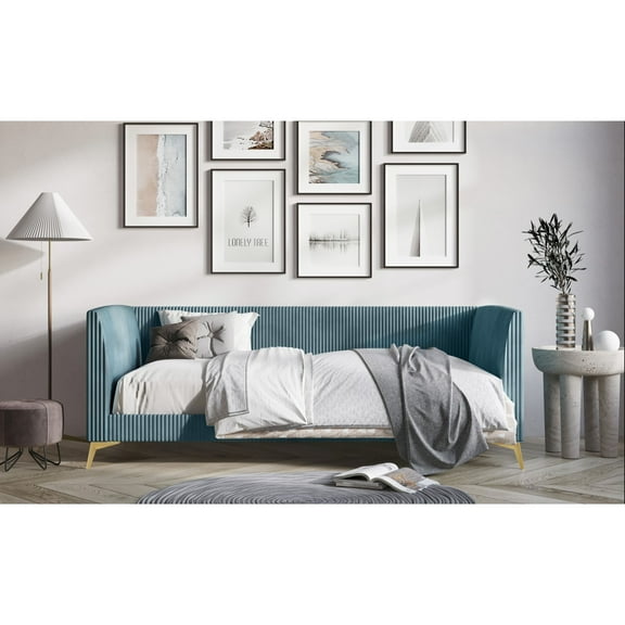 Home Design Elsie Twin Daybed with Corduroy Velvet Upholstery, Vertically Stitched Tufting, Stylish and Versatile Seating or Sleeping Solution, Blue