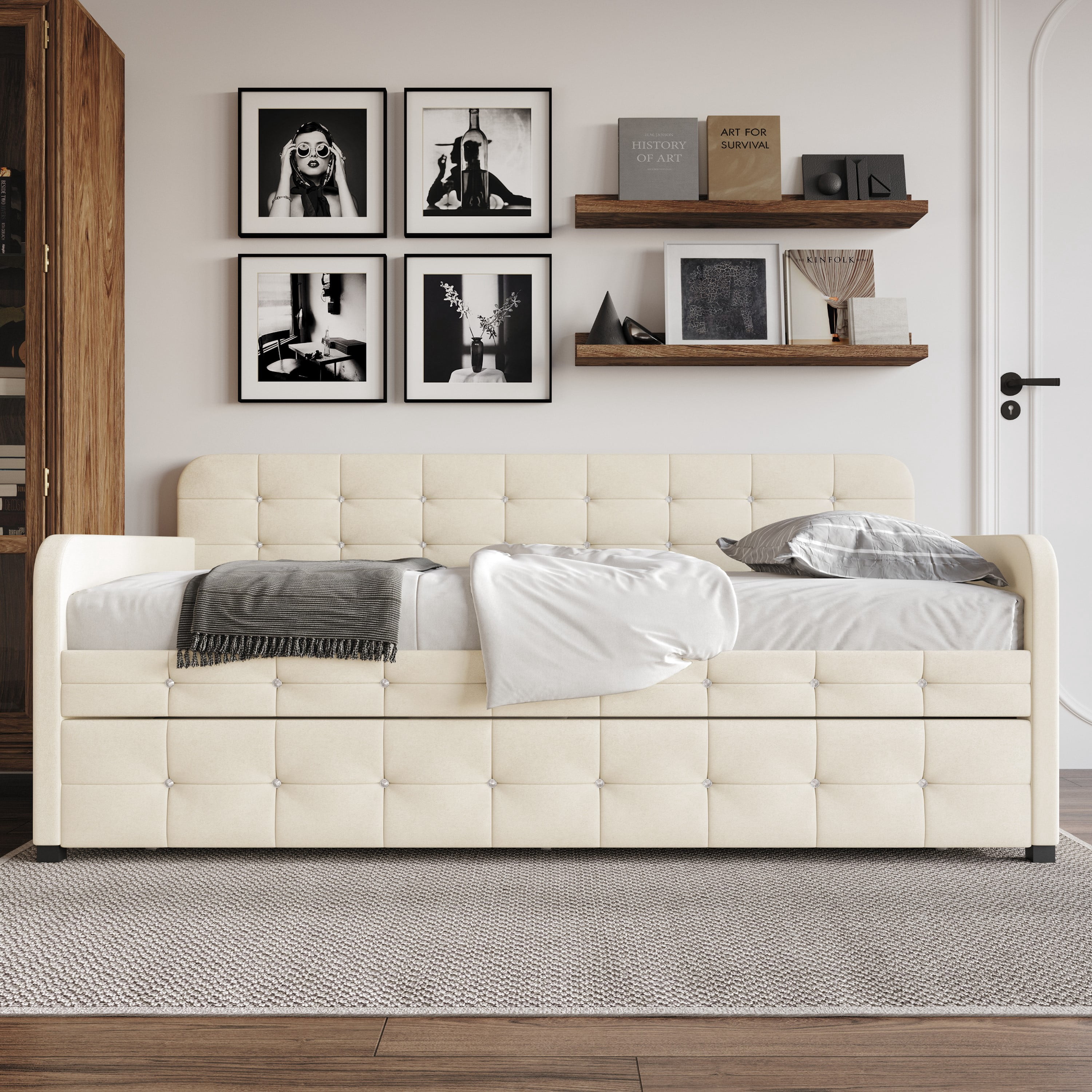 Home Design Elyria Twin Daybed with Velvet Upholstery, Diamond Button Tufting, Rounded Arms, Pull-Out Trundle, Solid Wood Frame, Stylish Seating and Sleeping, Beige