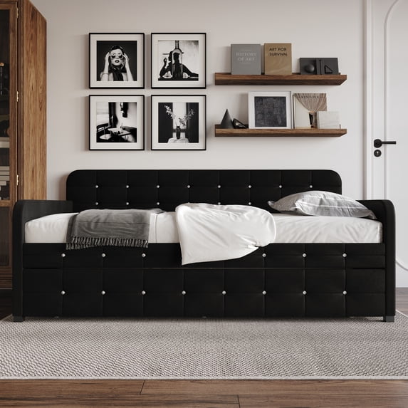 Home Design Elyria Twin Daybed with Velvet Upholstery, Diamond Button Tufting, Rounded Arms, Pull-Out Trundle, Solid Wood Frame, Stylish Seating and Sleeping, Black