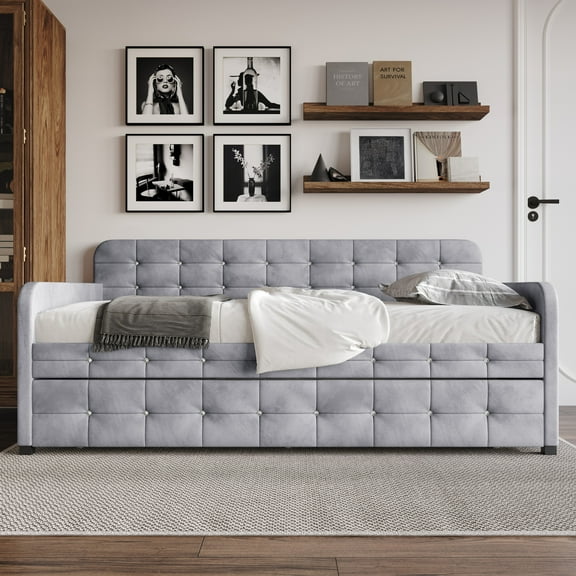 Home Design Elyria Twin Daybed with Velvet Upholstery, Diamond Button Tufting, Rounded Arms, Pull-Out Trundle, Solid Wood Frame, Stylish Seating and Sleeping, Gray