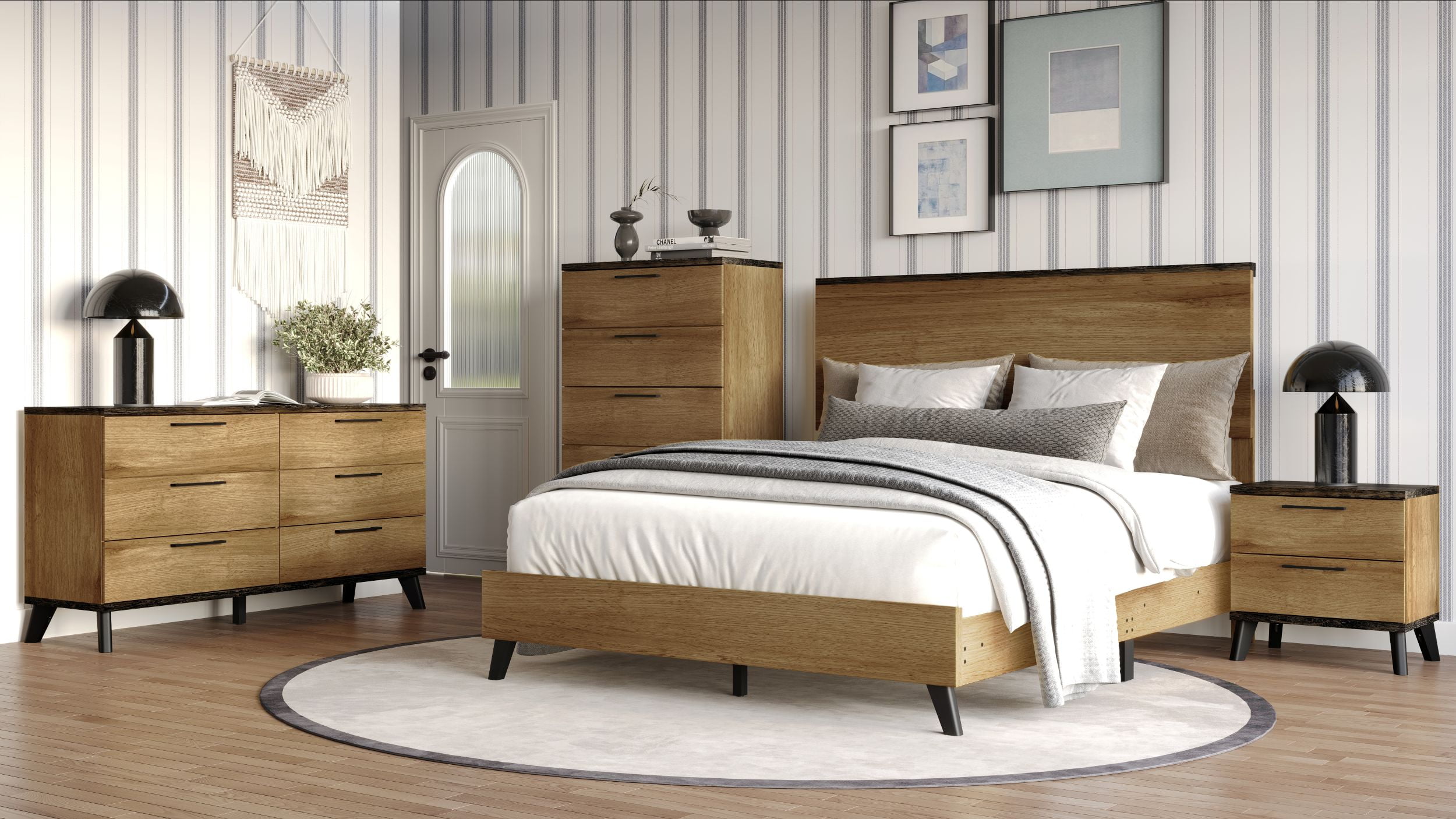 Home Design Emersyn 4-Piece Modern Oak Wood Bedroom Furniture Set-Includes Bed, Dresser, Nightstand, and Chest