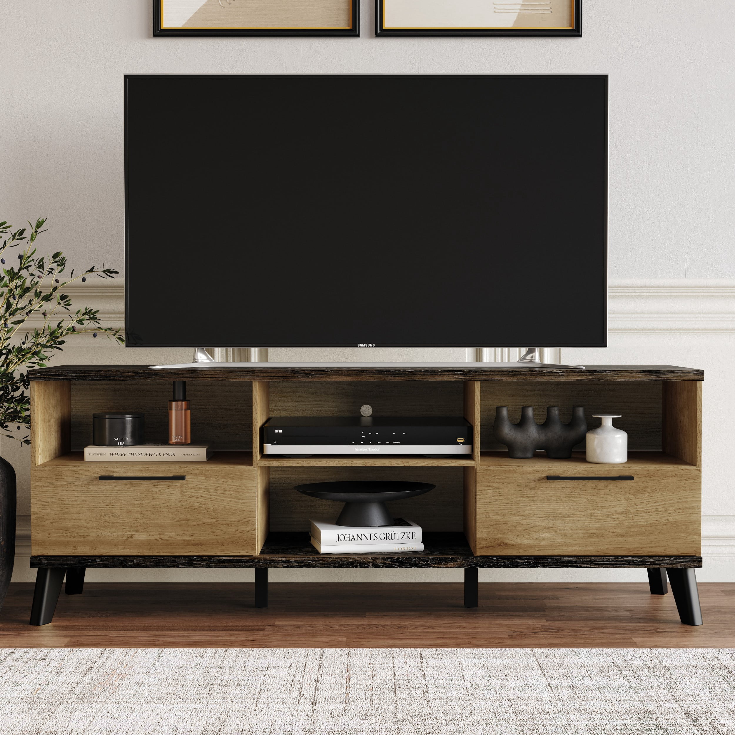 Home Design Emersyn TV Stand with Spacious Storage and Sleek Design, Natural Oak, Easy Assembly