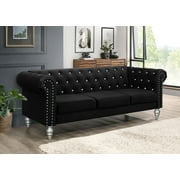 Home Design Emma Contemporary Velvet Rolled Arm Chesterfield Sofa with Diamond Button Tufted Back and Nailhead Trim, Wood-Turned Legs, Modern Luxury, Black