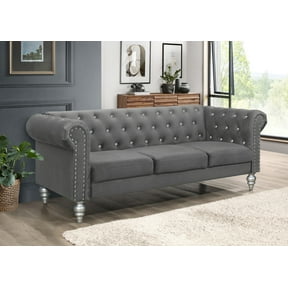 Home Design Emma Contemporary Velvet Rolled Arm Chesterfield Sofa with Diamond Button Tufted Back and Nailhead Trim, Wood-Turned Legs, Modern Luxury, Gray