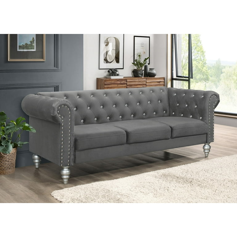 Home Design Emma Contemporary Velvet Rolled Arm Chesterfield Sofa