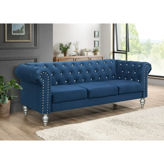 Home Design Emma Contemporary Velvet Rolled Arm Chesterfield Sofa with Diamond Button Tufted Back and Nailhead Trim, Wood-Turned Legs, Modern Luxury, Blue