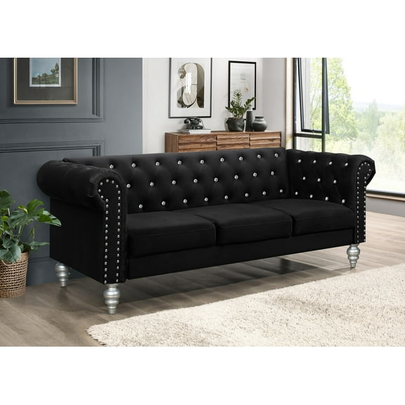 Home Design Emma Contemporary Velvet Rolled Arm Chesterfield Sofa with Diamond Button Tufted Back and Nailhead Trim, Wood-Turned Legs, Modern Luxury, Black